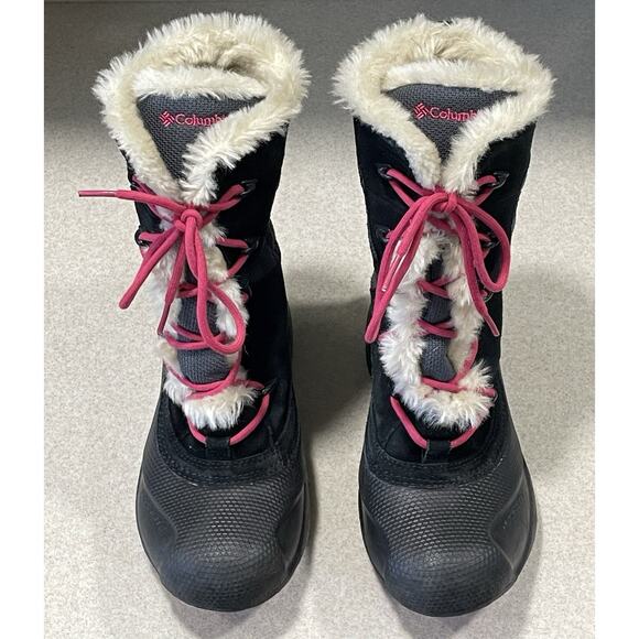 COLUMBIA Women's Size 6 Heather Canyon Boots Black w/ Pink Laces & White Fur - Picture 2 of 10